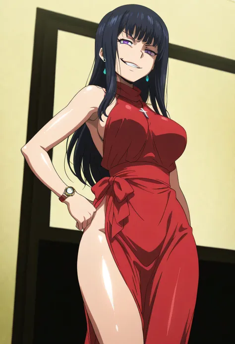 black hair,long hair,purple eyes,red sleeveless dress,,ear piercing, long hair, , ,Hot Girl, ,(smirk:1.5) , charming ,cross necklace, masterpiece, best quality, very detailed, A girl in a long dress is doing a photo shoot with a navy cutout, , smile, open ...