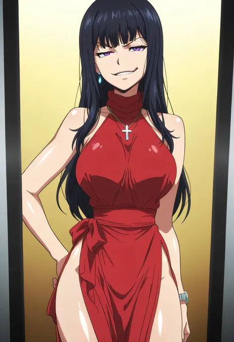 black hair,long hair,purple eyes,red sleeveless dress,,ear piercing, long hair, , ,Hot Girl, ,(smirk:1.5) , charming ,cross necklace, masterpiece, best quality, very detailed, A girl in a long dress is doing a photo shoot with a navy cutout, , smile, open ...