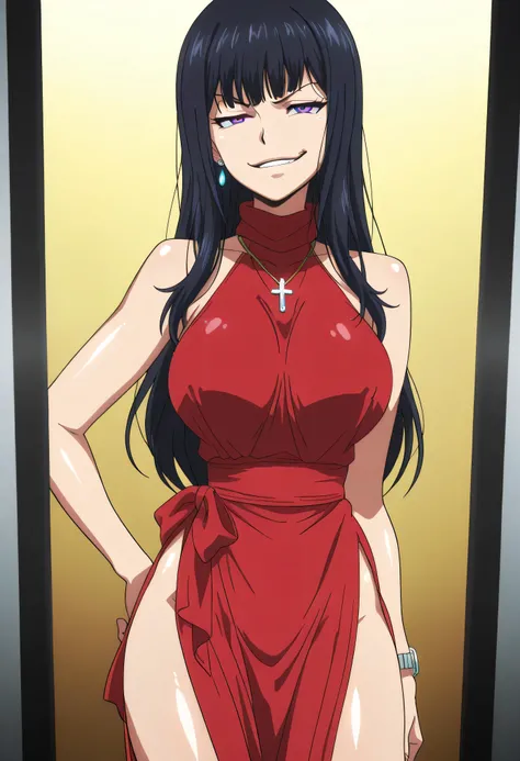 black hair,long hair,purple eyes,red sleeveless dress,,ear piercing, long hair, , ,Hot Girl, ,(smirk:1.5) , charming ,cross necklace, masterpiece, best quality, very detailed, A girl in a long dress is doing a photo shoot with a navy cutout, , smile, open ...