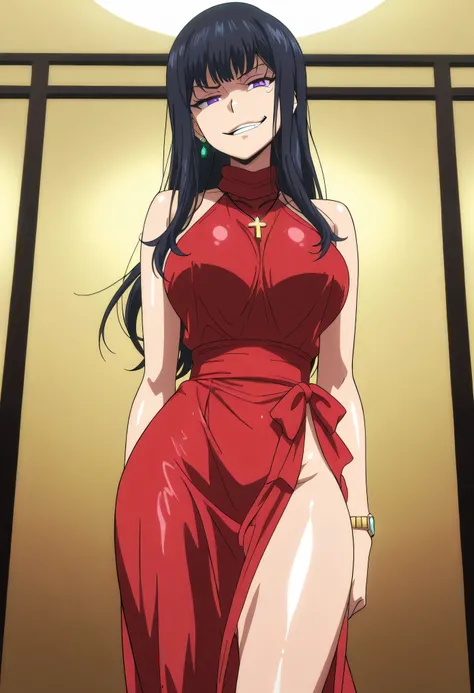 black hair,long hair,purple eyes,red sleeveless dress,,ear piercing, long hair, , ,Hot Girl, ,(smirk:1.5) , charming ,cross necklace, masterpiece, best quality, very detailed, A girl in a long dress is doing a photo shoot with a navy cutout, , smile, open ...