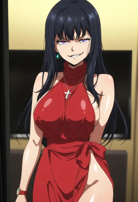 black hair,long hair,purple eyes,red sleeveless dress,,ear piercing, long hair, , ,Hot Girl, ,(smirk:1.5) , charming ,cross necklace, masterpiece, best quality, very detailed, A girl in a long dress is doing a photo shoot with a navy cutout, , smile, open ...