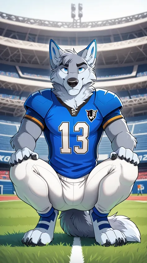 American football stadium background, blue eye, Reflections, full body, Anthropomorphic, Adult Wolf, without humans, by ango76 , Masterpiece, better quality,very aesthetic, newest, anthropoid, mammal, a child, Clothes, Alone, byry, byry Macho, sexis...