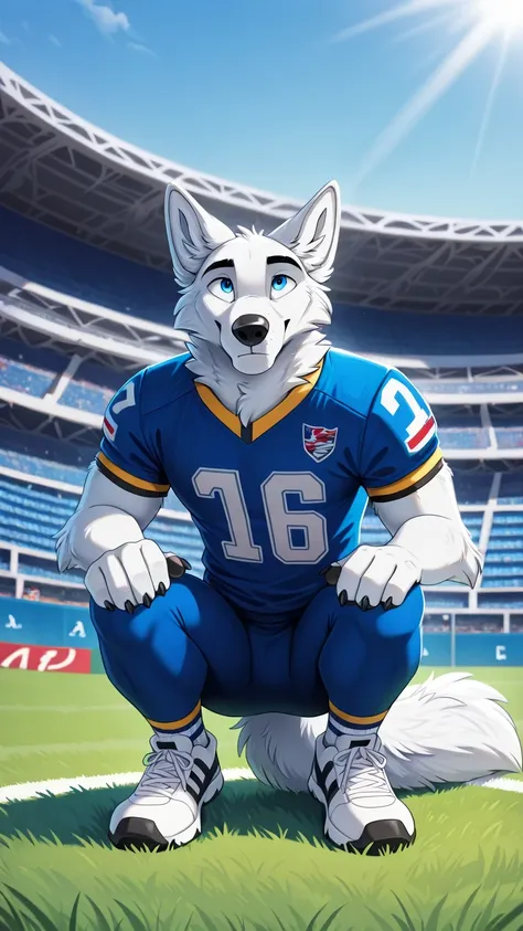 american football stadium background, Eye blue, Reflections, full body, antropomorfico, Adult Wolf, without humans, by ango76 , Masterpiece, better quality,very aesthetic, newest, anthropoid, mammal, a boy, Clothes, Alone, byry, byry Macho, macho fo...