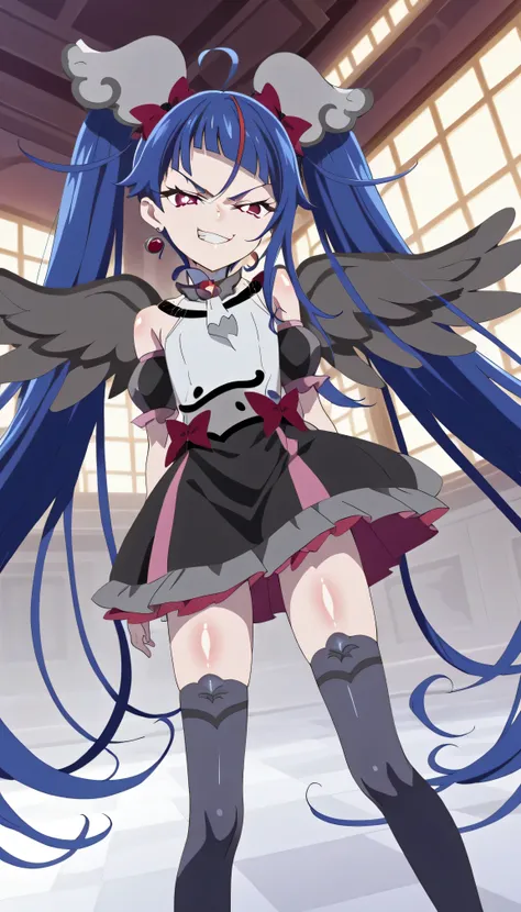    score_9,    score_8_up,    score_7_up,   Source_Anime,   official art , Anime screencap,   Goddess Magazine ,  reflective white knee-high stockings on the glass floor  ,   dark cure sky、(  Flat-breasted:1.2),  ,  dark blue hair、 twin tails、   ,     ,   ...
