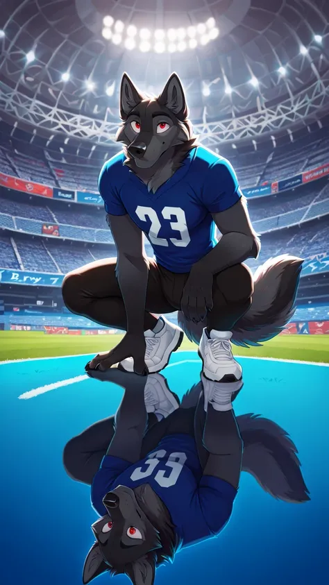 american football stadium background, Eye blue, Reflections, full body, antropomorfico, Adult Wolf, without humans, by ango76 , Masterpiece, better quality,very aesthetic, newest, anthropoid, mammal, a boy, Clothes, Alone, byry, byry Macho, macho fo...