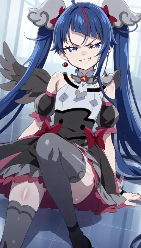    score_9,    score_8_up,    score_7_up,   Source_Anime,   official art , Anime screencap,   Goddess Magazine ,  reflective white knee-high stockings on the glass floor  ,   dark cure sky、(  Flat-breasted:1.2),  ,  dark blue hair、 twin tails、   ,     ,   ...