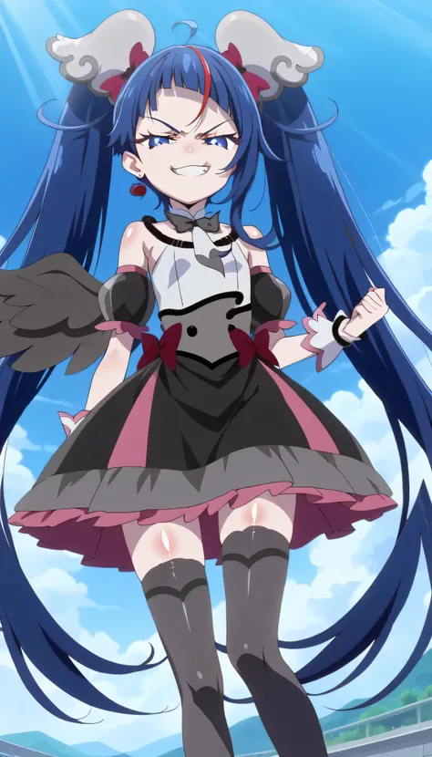    score_9,    score_8_up,    score_7_up,   Source_Anime,   official art , Anime screencap,   Goddess Magazine ,  reflective white knee-high stockings on the glass floor  ,   dark cure sky、(  Flat-breasted:1.2),  ,  dark blue hair、 twin tails、   ,     ,   ...