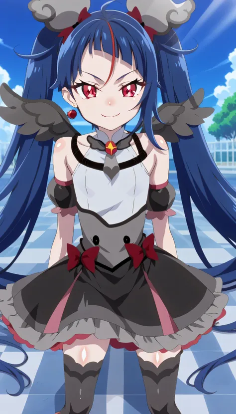    score_9,    score_8_up,    score_7_up,   Source_Anime,   official art , Anime screencap,   Goddess Magazine ,  reflective white knee-high stockings on the glass floor  ,   dark cure sky、(  Flat-breasted:1.2),  ,  dark blue hair、 twin tails、   ,     ,   ...