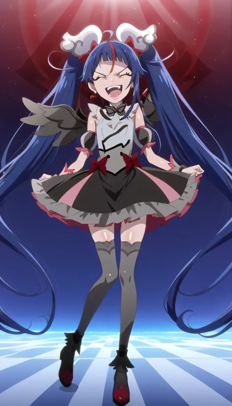    score_9,    score_8_up,    score_7_up,   Source_Anime,   official art , Anime screencap,   Goddess Magazine ,  reflective white knee-high stockings on the glass floor  ,   dark cure sky、(  Flat-breasted:1.2),  ,  dark blue hair、 twin tails、   ,     ,   ...