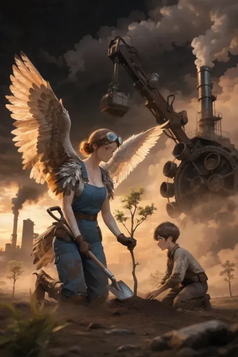  steampunk .
An adult woman with bright bird-like features such as feathers on her face, feathered neck,  chest, are visible in the background with two huge, very large colossal folded wings with wings down behind her neck feathers, the skin is thickly cov...