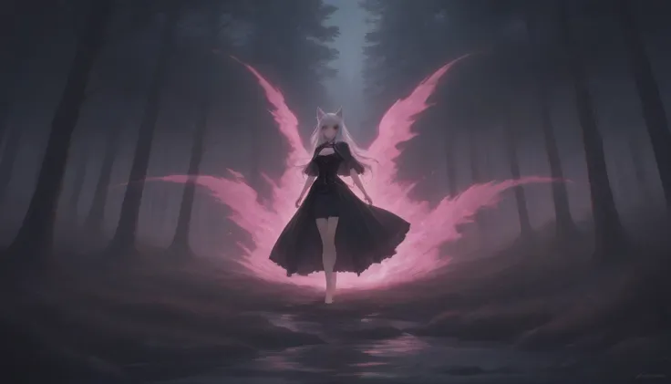((Anime Style)) ((Lighting)) ((Ultra-Detailed Cinematic)) ((Highlights)) ((Pink Aura)). A lone anime girl, with short silver hair, wolf ears, and piercing red eyes, standing silently in a dark forest at night. She is wearing a ripped gothic corset-laced dr...