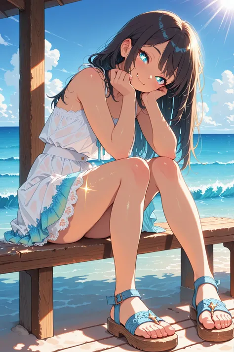(masterpiece, creative concept), anime style, side view from low angle of a cheeky cute girl sitting on a wooden bench facing the sea, gently pressing down the hem of her fluttering pastel summer skirt as the sea breeze lifts it, sleeveless white blouse wi...
