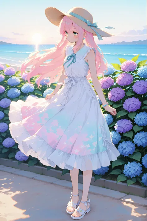 anime style, digital illustration  
a girl enjoying summer breeze wearing a flowing skirt  
light and airy midi skirt in pastel colors, sleeveless blouse, sun hat with ribbon, sandals, delicate bracelet  
standing on a quiet seaside path lined with hydrang...