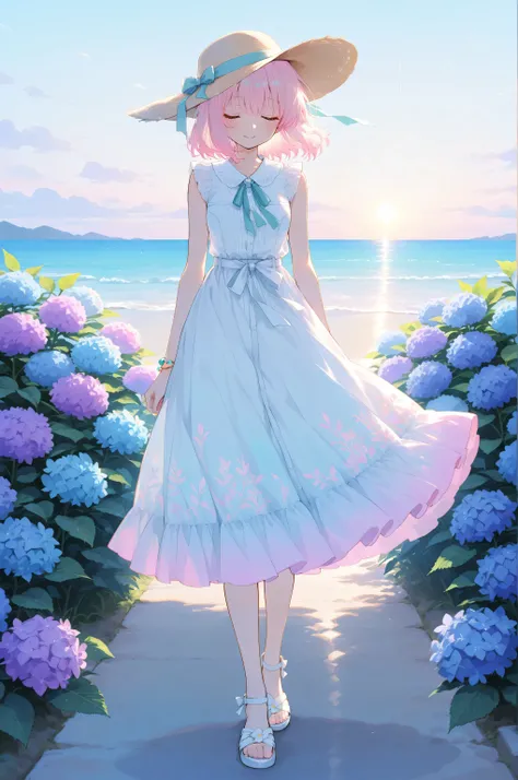 anime style, digital illustration  
a girl enjoying summer breeze wearing a flowing skirt  
light and airy midi skirt in pastel colors, sleeveless blouse, sun hat with ribbon, sandals, delicate bracelet  
standing on a quiet seaside path lined with hydrang...