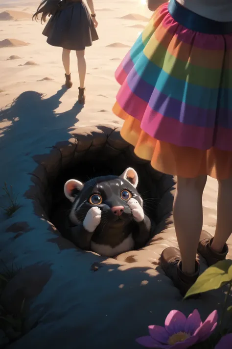 Vertical view from above A small surprised mole with big black eyes looks out of a mink in the middle of a field with rare wildflowers ,  and rubs its eyes with its paws. There is only a shadow from a girl in the background and part of a colorful bright sk...