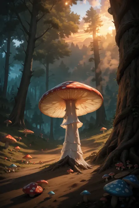 A close-up mushroom is growing in the middle of the forest. A small mushroom in the shade of a tree. The mushroom has a very wide mushroom skirt. Warm sunset lighting falls from above. The mushroom casts a soft contrasting shadow on the warm brown ground.
...