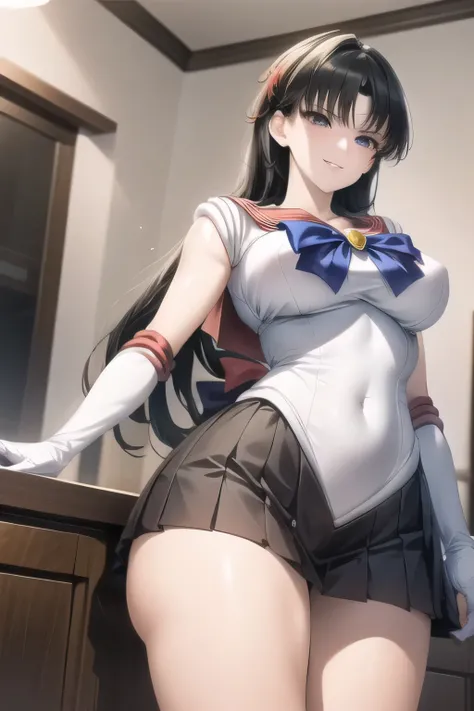 Can you draw a lightly dressed woman in a Sailor Moon costume，white sleeveless costume，pleated micro mini skirt，boots，Big Breasts，Beautiful legs，The animated CG,Can you draw a woman smiling according to her gaze， ，Adorable Smiling Woman   ， Black Haired Wo...