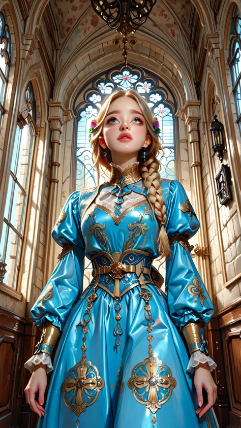 8k, masterpiece, best quality, ultra-HD, realistic, art illustration, score_9, score_8_up, score_7_up, 1woman, 19yo, Damsel, beautiful braided blonde hair, flowers in hair, wearing a gorgeous blue and gold alluring damsel dress, medieval clothing designs, ...