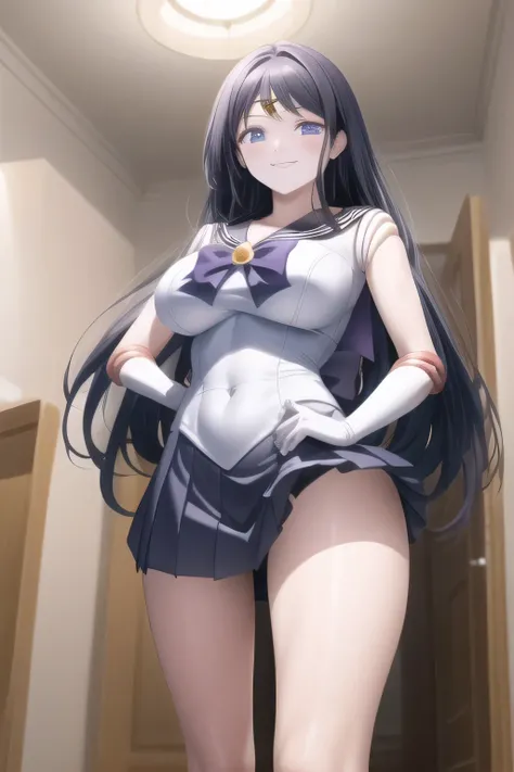 can you draw a woman in a Sailor Moon costume, ,Lightweight Woman Wearing Light Sleeveless Clothes,pleated micro mini skirt,boots,,すらりと細いウエストにbig boobs,even if she has big breasts and a slim waist,slender woman,Purple Long Hair,,can you draw a nice smi...