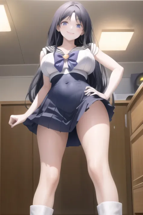 can you draw a woman in a Sailor Moon costume, ,Lightweight Woman Wearing Light Sleeveless Clothes,pleated micro mini skirt,boots,,すらりと細いウエストにbig boobs,even if she has big breasts and a slim waist,slender woman,Purple Long Hair,,can you draw a nice smi...