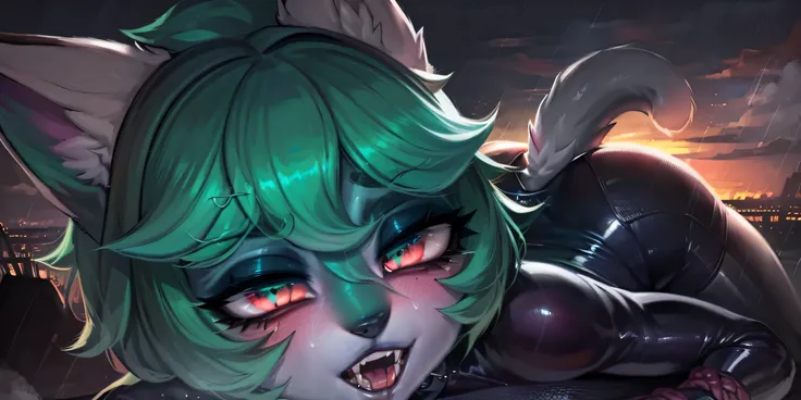 a photorealistic, highly detailed, 1girl, wearing a skin tight, shiny, latex catsuit, with a feline-inspired cat ears and tail, perfect anatomy, beautiful detailed eyes, beautiful detailed lips, extremely detailed face, longeyelashes, anthro cat girl, stri...