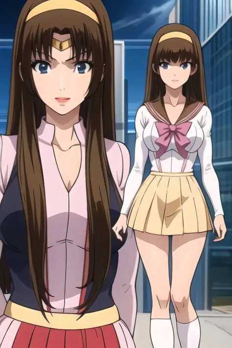 can you draw a woman in a Sailor Moon costume，Wind Fluttering Skirt，draw her facial expressions more delicately，nice smile,Faces are very important,brown straight long hair，爆乳のbig boobsをさらにbig boobsに描いて下さい，micro mini skirt，I'm wearing boots，Yellow hair ban...