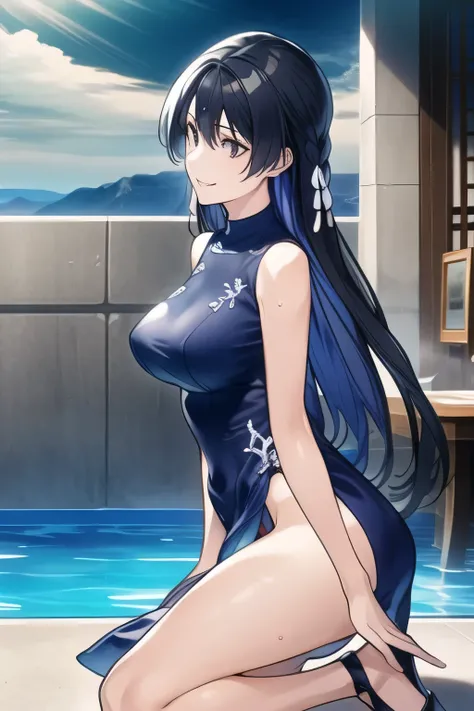 Women with Lovely Smiles,draws a more delicate expression at an outdoor pool facility,,fluttering in the windスカートをはいた女性をthatを描いてください，I&#39;m at the beach，，fluttering in the wind，I need my whole body，big breastsを持つ女性をthatを描いてください，her nipples are wet、，can't ...