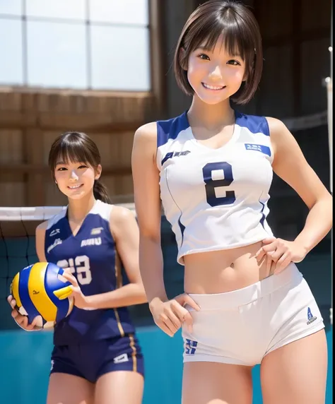 (masterpiece、top quality next to viewers、Ultra High Resolution)、(cute volleyball players、   idol class、girl who looks like a boy、boyish)、Japanese Women、perfect body、( volleyball players in sexy uniforms:1.2)、   low rise shorts   、smile、   white skin  、(   ...
