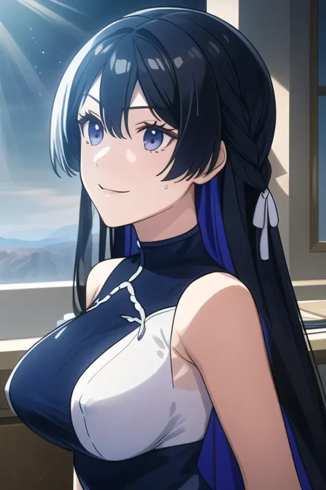 women with nice smiles，Please draw my expression more delicately，,draw a woman wearing a skirt that flutters in the style，Under a clear sky on a plateau、一people立つ，Skirt Swaying in the Wind，face is absolutely necessary，I need my whole body，draw big boobs wi...