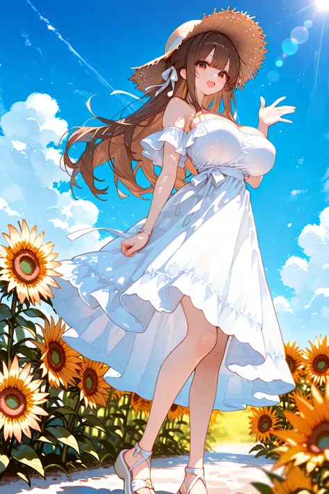 top quality、HIGH DEFINITION、big boobs、masterpiece、shallow depth of field、HDR effects 、cute、in a field of sunflowers、風にスカートがふわっと揺れる白いノースリーブワンピースを着た少女が片手でStraw Hatを押さえながら振り返って笑っている、the girl's hair is semi-long natural brown、waving in the wind、blue sky and wh...