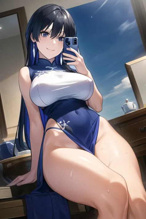 Women with Adorable Smiles，thatを描いてください my expression more delicately，,draw a woman wearing a skirt that flutters in the style，can you draw a woman with lots of chocolate、一people立つ，Wind Fluttering Skirt，shiny blue Chinese style clothes under the clear blue...