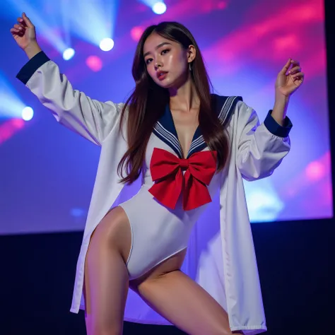 A young and super cute female idol full of confidence is bending over、smiles、pumps、Both knees are wide open、The pose with her hands raised high creates a sense of dynamism、wears a provocative sailor-inspired costume、彼女の衣装はクラシックなsailor suitを模したタイトフィットのシースルー...