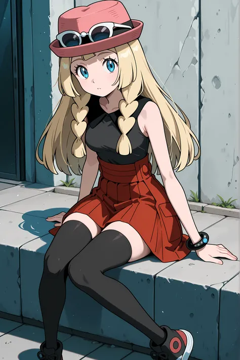 Lillie, blonde hair, long hair, blue eyes, sitting. Dressed as Serena, sleeveless shirt, sleeveless black shirt, bracelet, high-waist skirt, red skirt, black thighhighs, sunglasses, pink hat, black sneakers.