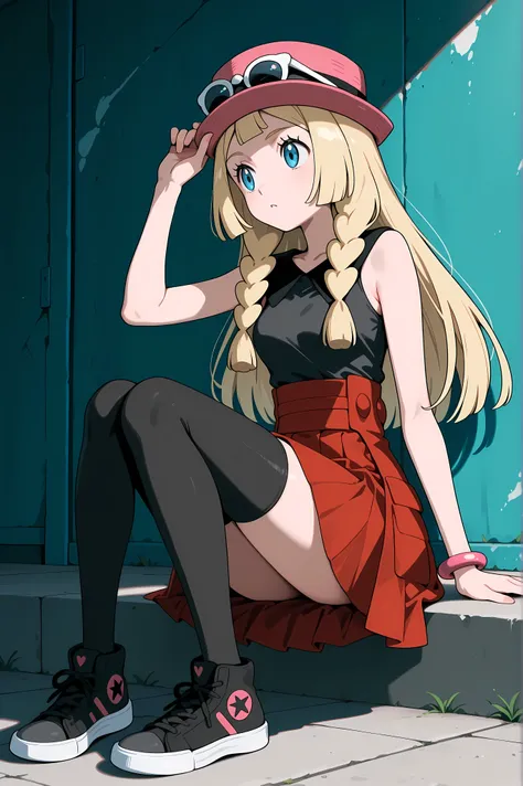 Lillie, blonde hair, long hair, blue eyes, sitting. Dressed as Serena, sleeveless shirt, sleeveless black shirt, bracelet, high-waist skirt, red skirt, black thighhighs, sunglasses, pink hat, black sneakers.