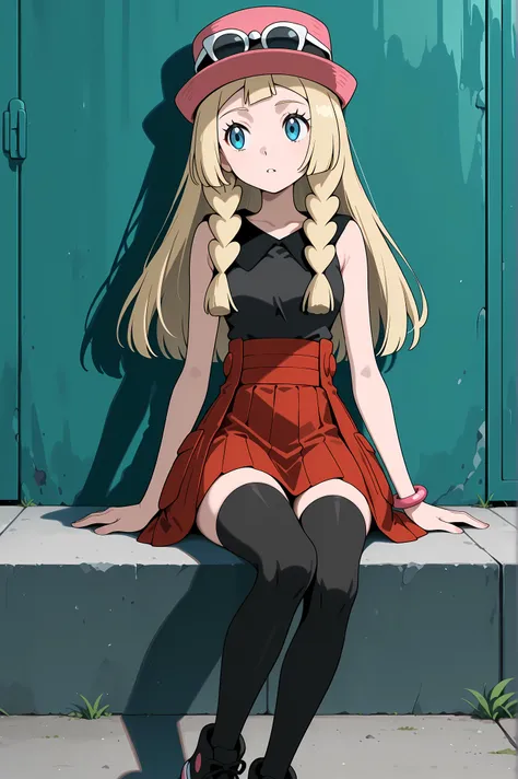 Lillie, blonde hair, long hair, blue eyes, sitting. Dressed as Serena, sleeveless shirt, sleeveless black shirt, bracelet, high-waist skirt, red skirt, black thighhighs, sunglasses, pink hat, black sneakers.