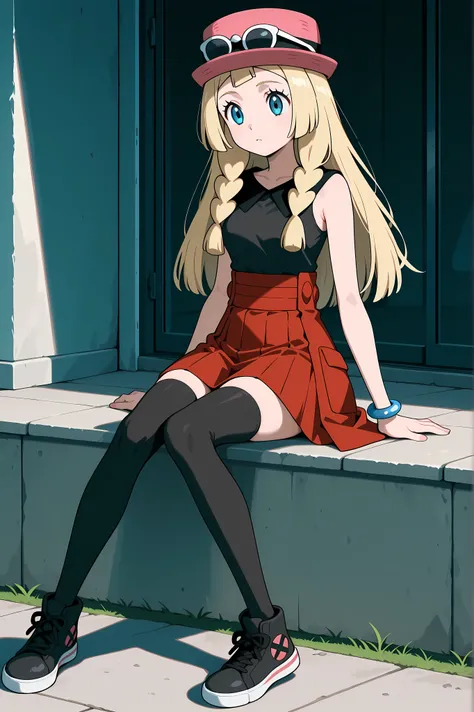 Lillie, blonde hair, long hair, blue eyes, sitting. Dressed as Serena, sleeveless shirt, sleeveless black shirt, bracelet, high-waist skirt, red skirt, black thighhighs, sunglasses, pink hat, black sneakers.