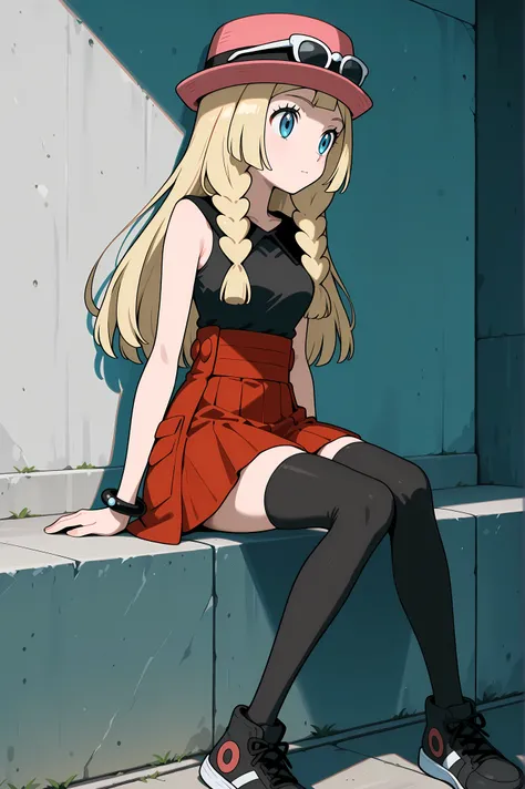 Lillie, blonde hair, long hair, blue eyes, sitting. Dressed as Serena, sleeveless shirt, sleeveless black shirt, bracelet, high-waist skirt, red skirt, black thighhighs, sunglasses, pink hat, black sneakers.