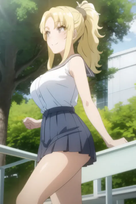 Blonde，can you draw a woman in a light Sailor Moon costume，Big Breasts White Lightly Wore Sleeveless，pleated micro mini skirt，Splendid Thighs，Beautiful legs，boots，draw her facial expressions more delicately，  can you draw a woman in a ponytail，a woman in a...