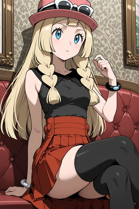 Lillie, blonde hair, long hair, blue eyes, sitting, legs crossed. Dressed as Serena, sleeveless shirt, sleeveless black shirt, bracelet, high-waist skirt, red skirt, black thighhighs, sunglasses, pink hat.