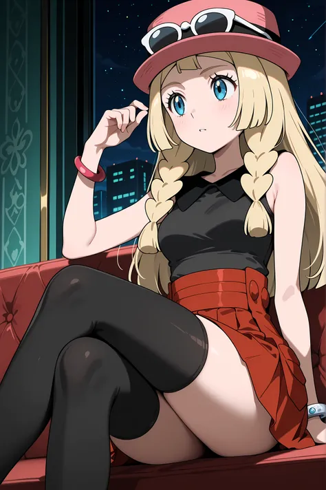 Lillie, blonde hair, long hair, blue eyes, sitting, legs crossed. Dressed as Serena, sleeveless shirt, sleeveless black shirt, bracelet, high-waist skirt, red skirt, black thighhighs, sunglasses, pink hat.
