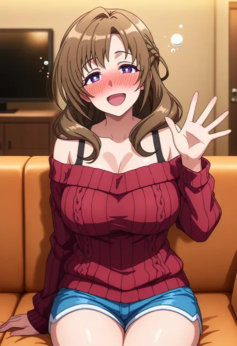 Mamako Oosuki, 1girl, 40 years old, mature female, living room, sit on couch, looking at viewer, waving hand, bright pupils, white pupils, purple eyes, large breasts, brown hair, smile, open mouth, ((drunk)), (((blush))), bare shoulder sweater, short short...