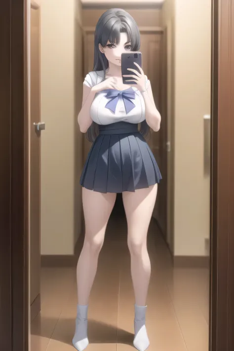 Can you draw a woman in a light costume like Sailor Moon， White lightweight sleeveless top ，blue pleated micro mini skirt，blue boots，big boobs，big boobsでもウエストが細い，big waist,amazing thighs taking a selfie in the mirror ，beautiful legs，I am alone，こちらを見て微笑んでいる...