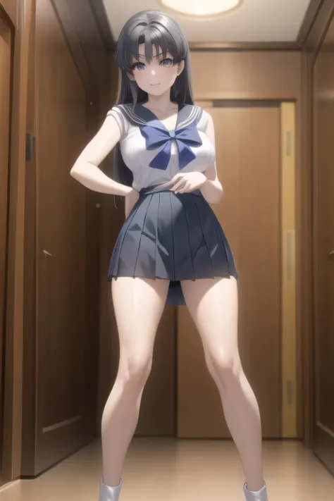 draw facial expressions more delicately，Can you draw a woman in a light costume like Sailor Moon， WHITE LIGHTWEIGHT SLEEVELESS TOP ，blue pleated micro mini skirt，blue boots，big breasts，big breastsでもウエストが細い，big waist,amazing thighs ，beautiful legs，I am alon...