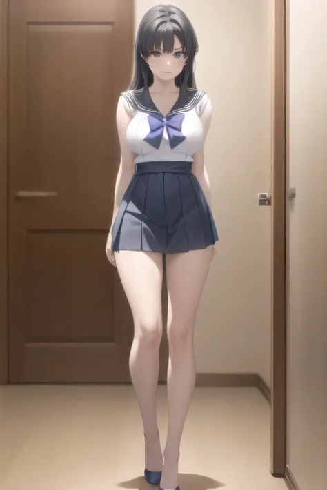 draw facial expressions more delicately，Can you draw a woman in a light costume like Sailor Moon， WHITE LIGHTWEIGHT SLEEVELESS TOP ，blue pleated micro mini skirt，blue boots，big breasts，big breastsでもウエストが細い，big waist,amazing thighs ，beautiful legs，I am alon...