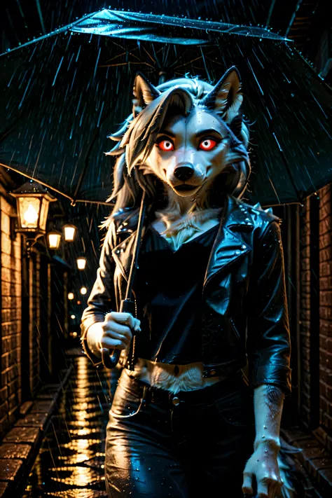 Loona, furry, realistic, fluffy tail, solo, black jeans, black T-shirt, leather jacket, glowing eyes, sly smile, Loona walks towards the viewer, Her figure is illuminated only by lanterns, view from under umbrella, late night, darkness, rain, dimly lit str...