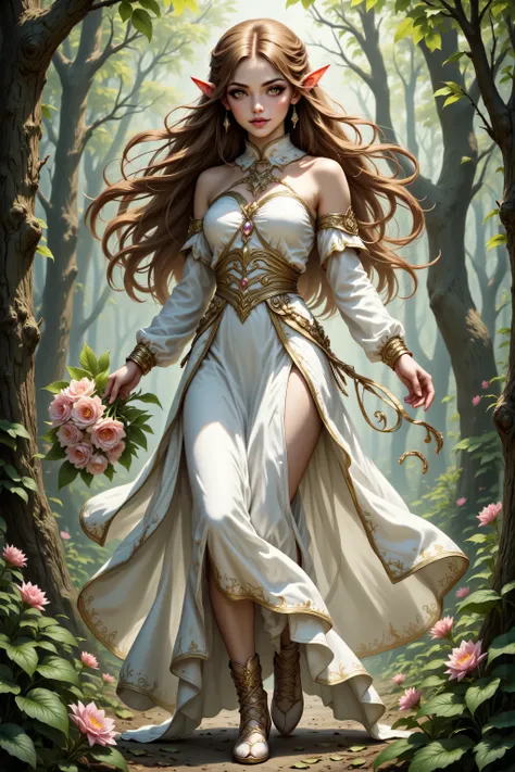 a picture of a female elf (intense details, Masterpiece, best quality), wearing white skirt with leaves motifs , wearing shirt, wines entwined in the dress,  metallic shine, bright clothes,  an ultra wide shot, full body (intense details, Masterpiece, best...