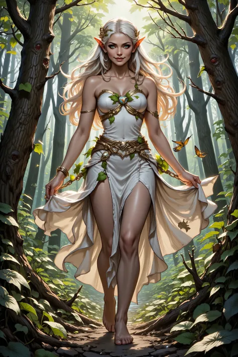 a picture of a female elf (intense details, Masterpiece, best quality), wearing white skirt with leaves, wearing shirt, wines entwined in the dress,  metallic shine, bright clothes,  an ultra wide shot, full body (intense details, Masterpiece, best quality...