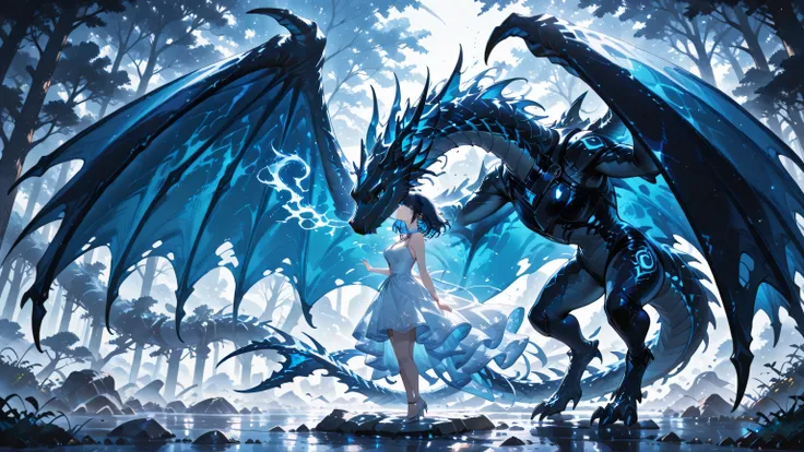 masterpiece, one girl, black medium hair, short cut, blue inner hair, asian, blue eyes, wearing dress (in fantasy), with a big wild wyvern, huge wings, (no need to show the whole silhouette of the wyvern), tears, smiling, noses touching