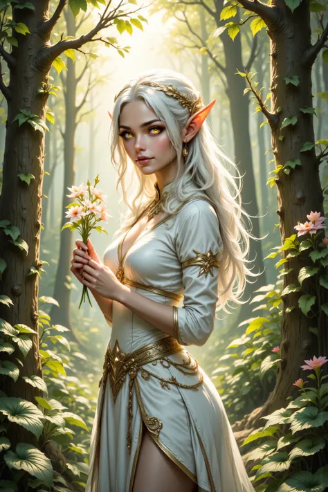 a picture of a female elf (intense details, Masterpiece, best quality), wearing white skirt with leaves motifs, the sun hits the dress and gives it divine aura, wearing shirt, wines entwined in the dress,  metallic shine, bright clothes,  an ultra wide sho...