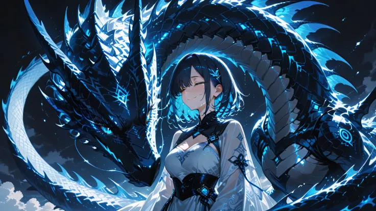 masterpiece, one girl, black medium hair, short cut, blue inner hair,  asian, blue eyes, wearing dress (in fantasy), with a big wyvern, her forehead is touching dragon's nose (no need to show the whole silhouette of the wyvern), closing eyes, tears, smilin...